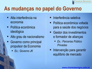 As mudanças no papel do Governo
    Alta interferência na          Interferência seletiva
     economia                       Política econômica voltada
    Política econômica              para a saúde dos negócios
     ideológica                     Gestor dos investimentos
    Alto grau de nacionalismo       e formador de alianças
    Governo como principal             Ex.: Parcerias Público
     propulsor da Economia               Privadas
        Ex.: Governo JK
                                    Intervenção para garantir
                                     equilíbrio de mercado


                                             www.charlesbenigno.adm.br
 