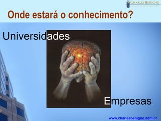 Onde estará o conhecimento?

Universidades




                    Empresas
                     www.charlesbenigno.adm.br
 