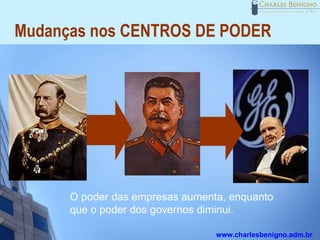 Mudanças nos CENTROS DE PODER




      O poder das empresas aumenta, enquanto
      que o poder dos governos diminui.

                                 www.charlesbenigno.adm.br
 