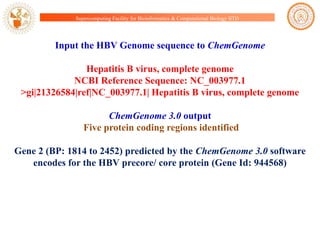 Supercomputing Facility for Bioinformatics & Computational Biology IITD

Input the HBV Genome sequence to ChemGenome

Hepatitis B virus, complete genome
NCBI Reference Sequence: NC_003977.1
>gi|21326584|ref|NC_003977.1| Hepatitis B virus, complete genome
ChemGenome 3.0 output
Five protein coding regions identified
Gene 2 (BP: 1814 to 2452) predicted by the ChemGenome 3.0 software
encodes for the HBV precore/ core protein (Gene Id: 944568)

 