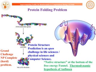 Supercomputing Facility for Bioinformatics & Computational Biology IITDelhi

Protein Folding Problem

Grand
Challenge
NP Complete
(hard)
problem.

Protein Structure
Prediction is an open
challenge in life sciences /
physical sciences and
Computer Science.
“Native structure” at the bottom of the
free energy Funnel. Thermodynamic
hypothesis of Anfinsen

 