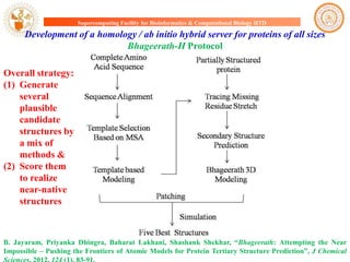 Supercomputing Facility for Bioinformatics & Computational Biology IITD

Development of a homology / ab initio hybrid server for proteins of all sizes
Bhageerath-H Protocol
Overall strategy:
(1) Generate
several
plausible
candidate
structures by
a mix of
methods &
(2) Score them
to realize
near-native
structures

B. Jayaram, Priyanka Dhingra, Baharat Lakhani, Shashank Shekhar, “Bhageerath: Attempting the Near
Impossible – Pushing the Frontiers of Atomic Models for Protein Tertiary Structure Prediction”, J Chemical

 