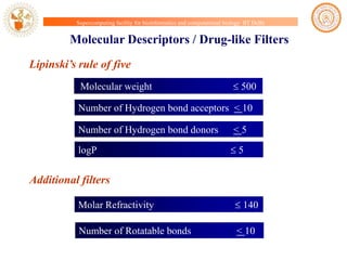 Supercomputing facility for bioinformatics and computational biology IIT Delhi

Molecular Descriptors / Drug-like Filters
Lipinski’s rule of five
Molecular weight

 500

Number of Hydrogen bond acceptors < 10
Number of Hydrogen bond donors

<5

logP

5

Additional filters
Molar Refractivity

 140

Number of Rotatable bonds

< 10

 