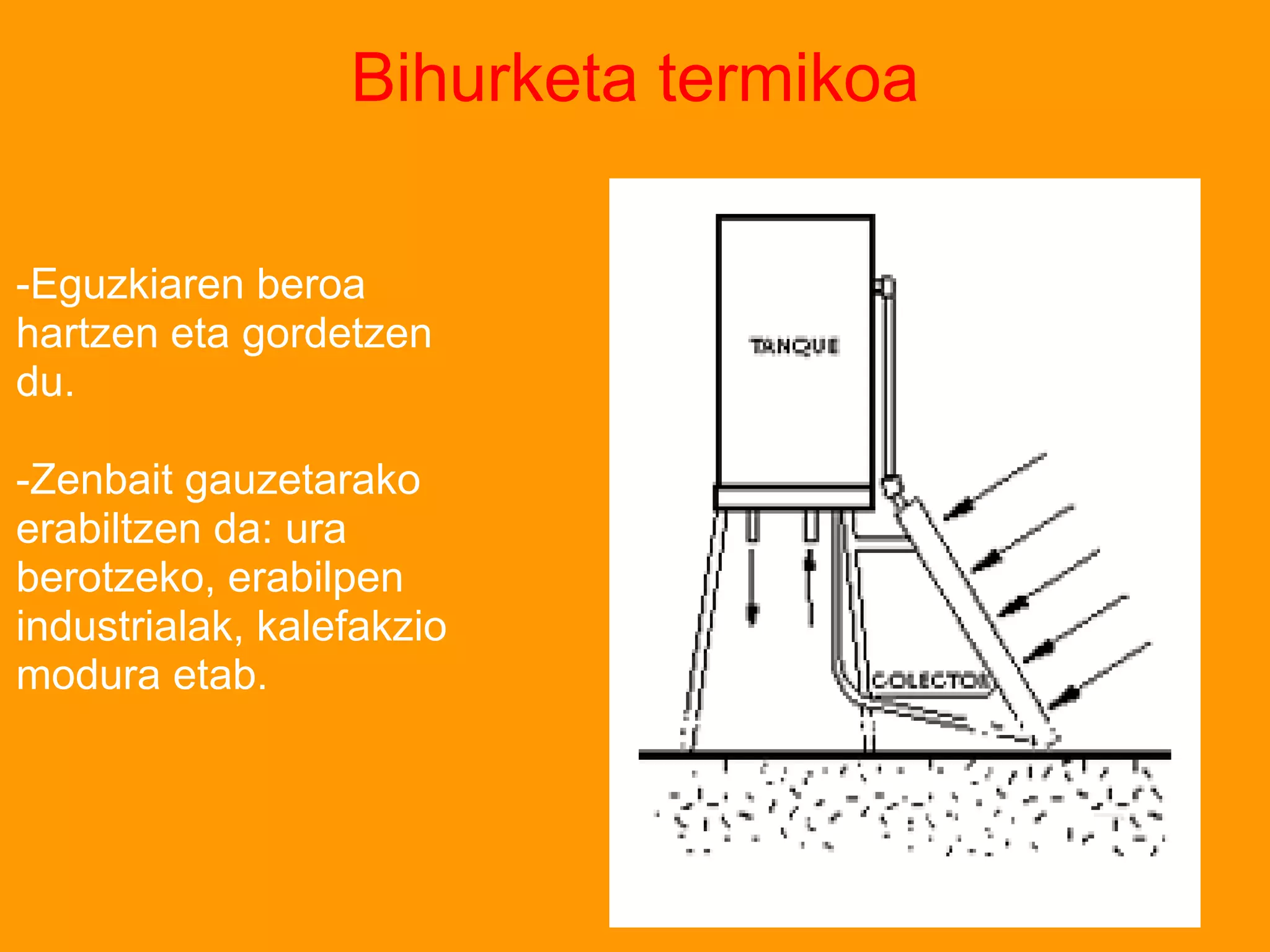Bihurketa termikoa
-Eguzkiaren beroa
hartzen eta gordetzen
du.
-Zenbait gauzetarako
erabiltzen da: ura
berotzeko, erabilpen
industrialak, kalefakzio
modura etab.
 