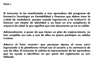 Caso 3
El instructor le ha manifestado a tres aprendices del programa de
formación Tecnología en Contabilidad y Finanzas que deben traer la
cédula de ciudadanía, porque cuando ingresa-ron a la institución, lo
hicieron con tarjeta de identidad y ya hace un año cumplieron la
mayoría de edad, lo que significa que este documento ya no es valido.
Adicionalmente, a pesar de que tienen un plan de mejora-miento, no
han cumplido con este y uno de ellos no quiere participar en salidas
técnicas.
Además el Tutor encontró que personas ajenas al curso están
ingresando a la plataforma virtual con el usuario y la contraseña de
uno de ellos. El instructor le solicita al representante de los aprendices
que les ayude a identificar en qué parte del reglamento se está
fallando.
 