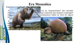 Era Mesozóica
Cretáceo
 A era glacial que se seguiu, deveu-se ao "espessamento" das camadas
intermediárias da atmosfera, devido às cinzas vulcânicas que evitaram a passagem
do Sol e causando um resfriamento da temperatura média da Terra em alguns
graus.
 Durante o Cretáceo há a proliferação das plantas com flores e após a extinção
dos dinossauros houve a proliferação dos mamíferos placentários e surgimento
da grama e das plantas rasteiras. A deriva continental seguiu determinante
na especiação. Após a extinção dos dinossauros, houve e a diversificação dos
mamíferos e das aves (alguns tornaram-se enormes).
 