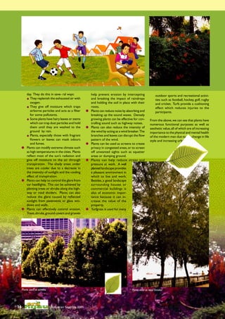 day. They do this in seve- ral ways:                   help prevent erosion by intercepting               outdoor sports and recreational activi-
       They replenish the exhausted air with
                                                          and breaking the impact of raindrops               ties such as football, hockey, golf, rugby
       oxygen.                                             and holding the soil in place with their           and cricket. Turfs provide a cushioning
     They give off moisture which traps                   roots.                                             effect which reduces injuries to the
       airborne particles and acts as a ﬁlter             Plants can reduce noise by absorbing and           participants.
       for some pollutants.                                breaking up the sound waves. Densely
     Some plants have hairy leaves or stems               growing plants can be effective for con-      From the above, we can see that plants have
       which can trap dust particles and hold              trolling sound such as highway noises.        numerous functional purposes as well as
       them until they are washed to the                  Plants can also reduce the intensity of       aesthetic value, all of which are of increasing
       ground by rain.                                     the wind by acting as a wind breaker. The     importance to the physical and mental health
     Plants, especially those with fragrant               branches and leaves can disrupt the ﬂow       of the modern man due to the change in life
       ﬂowers or leaves can mask odours                    pattern of the wind.                          style and increasing urbanisation.
       and fumes.                                         Plants can be used as screens to create
   Plants can modify extreme climate such                 privacy in congested areas, or to screen
    as high temperatures in the cities. Plants             off unwanted sights such as squatter
    reﬂect most of the sun’s radiation and                 areas or dumping ground.
    give off moisture to the air through                  Plants can help reduce stress and
    transpiration. The shady areas under                   pressure at work. A well
    trees are cooler due to a decrease in                  planned landscape provides
    the intensity of sunlight and the cooling              a pleasant environment in
    effect of transpiration.                               which to live and work.
   Plants can help to control the glare from              Besides, a good landscape
    car headlights. This can be achieved by                surrounding houses or
    planting trees or shrubs along the high-               commercial buildings is
    way or road dividers. Plants can also                  also of economic impor-
    reduce the glare caused by reﬂected                    tance because it can in-
    sunlight from pavements or glass win-                  crease the value of the
    dows and walls.                                        property.
   Plants can effectively control erosion.               Turfgrass is used for many
    Trees, shrubs, ground covers and grasses




     Plants used as screens                                                               Plants used as wind breaker




16                            Keluaran Sept/Dis 2005
 
