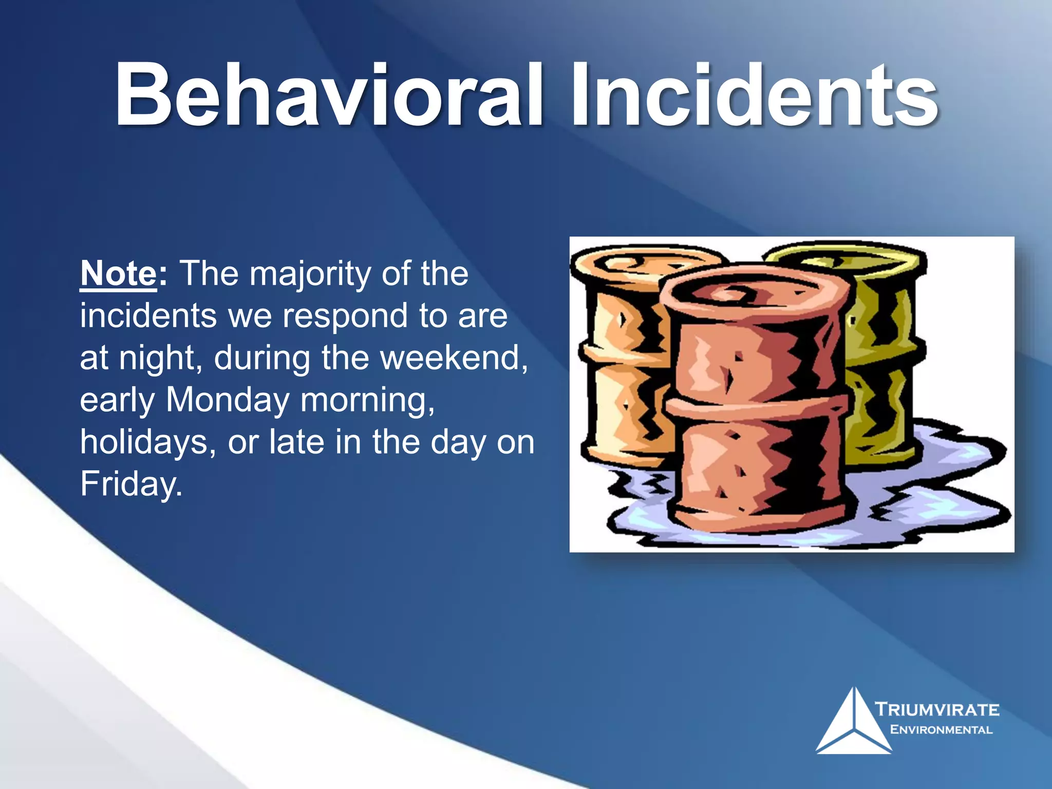 Behavioral Incidents
Note: The majority of the
incidents we respond to are
at night, during the weekend,
early Monday morning,
holidays, or late in the day on
Friday.
 