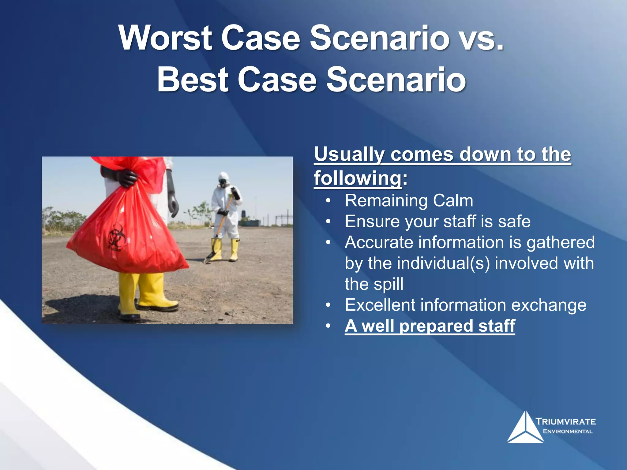 Worst Case Scenario vs.
Best Case Scenario
Usually comes down to the
following:
• Remaining Calm
• Ensure your staff is safe
• Accurate information is gathered
by the individual(s) involved with
the spill
• Excellent information exchange
• A well prepared staff
 