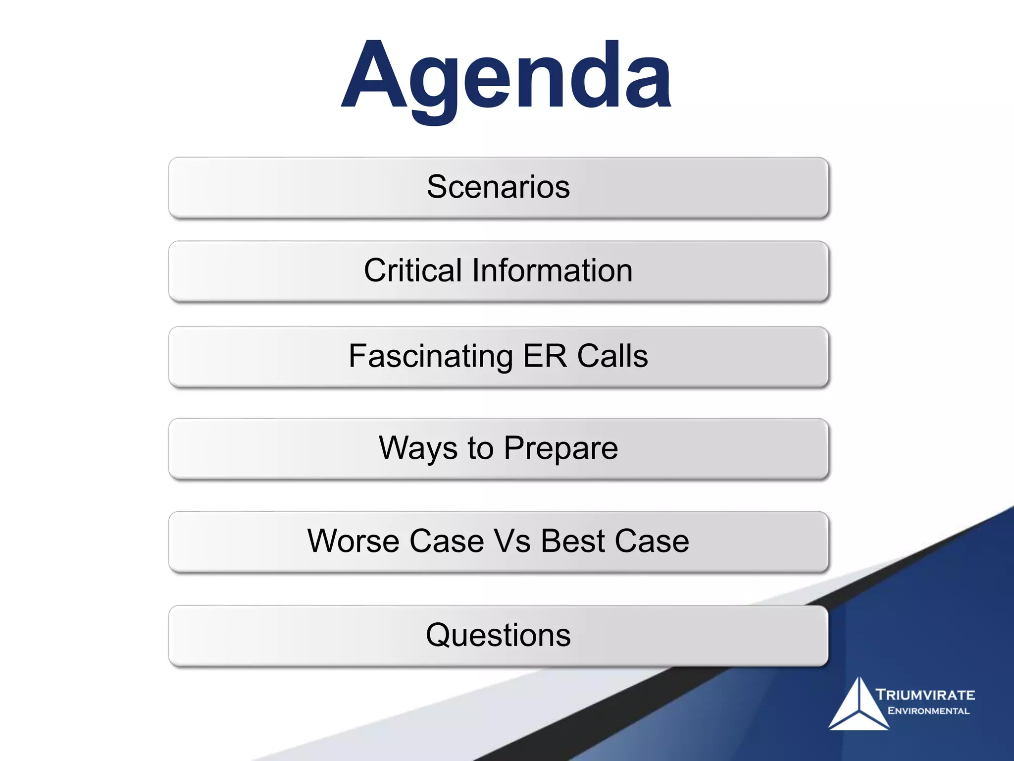 Agenda
Scenarios
Critical Information
Fascinating ER Calls
Ways to Prepare
Worse Case Vs Best Case
Questions
 