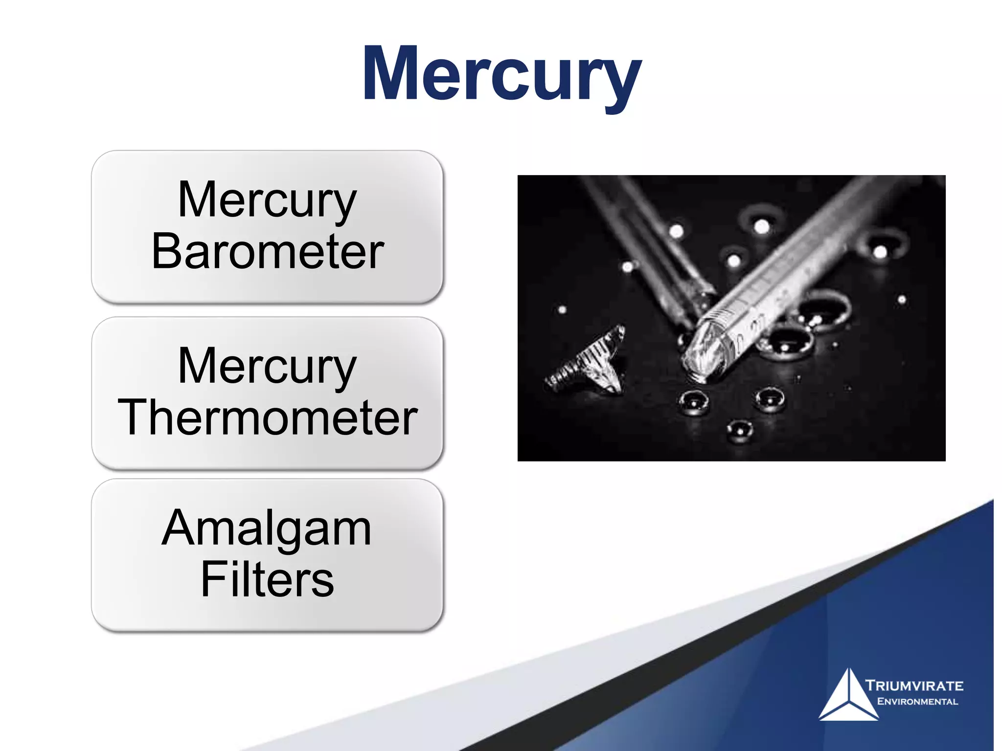 Mercury
Mercury
Barometer
Mercury
Thermometer
Amalgam
Filters
 