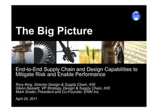 The Big Picture


End-to-End Supply Chain and Design Capabilities to
Mitigate Risk and Enable Performance
Rory King, Director Design & Supply Chain, IHS
Glenn Bassett, VP Strategy, Design & Supply Chain, IHS
Mark Snider, President and Co-Founder, ERAI Inc.
April 29, 2011
 