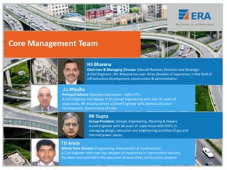 HS Bharana
Chairman & Managing Director (Overall Business Direction and Strategy)
A Civil Engineer , Mr. Bharana has over three decades of experience in the field of
infrastructure development, construction & administration
J.L Khushu
Principal Advisor (Business Operations – Infra EPC)
A Civil Engineer and Master in Structural Engineering with over 45 years of
experience, Mr. Khushu served as Chief Engineer with Ministry of Urban
Development, Government of India.
RK Gupta
Group President (Design, Engineering, Planning & Power)
A civil engineer with 34 years of experience with NTPC in
managing design, execution and engineering activities of gas and
thermal power plants.
Core Management Team
TD Arora
Whole Time Director (Engineering, Procurement & Construction)
A Civil Engineer with over two decades of experience in Construction Industry.
Has been instrumental in the execution of several key construction projects
 