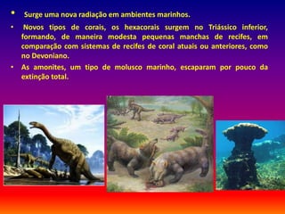 • Surge uma nova radiação em ambientes marinhos.
• Novos tipos de corais, os hexacorais surgem no Triássico inferior,
formando, de maneira modesta pequenas manchas de recifes, em
comparação com sistemas de recifes de coral atuais ou anteriores, como
no Devoniano.
• As amonites, um tipo de molusco marinho, escaparam por pouco da
extinção total.
 