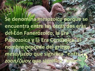Se denomina mesozoico porque se
encuentra entre las otras dos eras
del Eón Fanerozoico, la Era
Paleozoica y la Era Cenozoica. El
nombre procede del griego
meso/μεσο que significa "entre" y
zoon/ζωον que significa "animal".
 