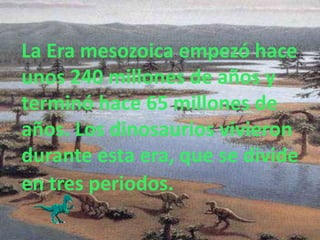 La Era mesozoica empezó hace
unos 240 millones de años y
terminó hace 65 millones de
años. Los dinosaurios vivieron
durante esta era, que se divide
en tres periodos.
 