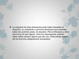 La magnitud de estos dinosaurios pudo haber disuadido al
  Alosaurio, un corpulento y carnívoro dinosaurio que caminaba
  sobre dos potentes patas, de atacarlos. Pero el Alosaurio y otros
  carnívoros de pies ligeros, como los celurosaurios, podrían
  haber salido exitosos alguna que otra vez. Otras presas podrían
  ser los enormes estegosaurios acorazados.
 