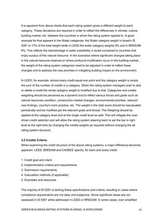 It is apparent from above charts that each rating system gives a different weight to each
category. These deviations are required in order to reflect the differences in climate, culture,
building market, etc. between the countries in which the rating system applied to. A good
example for that appears in the Water categories: the Water category weight in Israel's SI
5281 is 17% of the total weight while in LEED the water category weights 9% and in BREEAM
6%. This reflects the lack/shortage in water availability in Israel compared to countries that
enjoy surplus of this natural resource. In the scenarios where significant changes taking place
in the natural resource reserves or where profound modification occur in the building market,
the weight of the rating system categories need to be adjusted in order to reflect these
changes and to address the new priorities in mitigating building impact on the environment.


In LEED, for example, almost every credit equal one point and the category weight is simply
the sum of the number of credits in a category. When the rating system managers wish to add
or delete a credit the whole category weight is modified due to that. Categories and credits
weighting should be perceived as a dynamic tool to reflect various forces and goals such as
natural resources condition, construction market changes, environmental priorities, relevant
new findings, country's norm practice, etc. The weight in the total score should be reevaluated
periodically and be modified per the relevant goals and forced. The Weighing should be
applied at the category level and at the single credit level as well. This will mitigate the cost-
driven credit selection and will allow the rating system steering team to set the bar in right
level at the right time by changing the credits weights as required without changing the all
rating system structure.


3.2 Credits Criteria
When examining the credit structure of the above rating systems, a major difference becomes
apparent. LEED, BREEAM and CASBEE specify, for each and every credit:


1. Credit goal and intent
2. Implementation criteria and requirements
3. Submission requirements
4. Calculation methods (if applicable)
5. Examples and resources


The majority of SI 5281 is lacking these specifications and criteria, resulting in cases where
compliance requirements are not clear and subjective. Some significant areas are not
assessed in SI 5281 while addressed in LEED or BREEAM. In some cases, over simplified


GREEN BUILDINGS RATING SYSTEMS IN ISRAEL & WORLDWIDE                                                 19
 