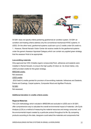 SI 5281 does not specify criteria pertaining geothermal air condition system. SI 5281 air
condition and heating criteria address only the conventional mechanical HVAC systems. In
LEED, On the other hand, geothermal systems could earn up to 2 credits under EA credit no.
1. However, Ramat Hanadiv Visitor Center did receive credits for the geothermal systems
under the generic Assessor Appraisal Category which can contain any applied green strategy
that the assessor finds to be appropriate.


Low-emitting materials
Only approved low VOC (Volatile organic compounds) Paint, adhesives and sealants were
installed in Ramat Hanadiv, to ensure the high quality of indoor air. As shown below, only
LEED provided credits for this green strategy.
BREEAM credits:
Not assessed.
LEED credits:
(EQ Credit 4) credits granted for provision of low-emitting materials: Adhesives and Sealants,
Paints and Coatings, Carpet systems, Composite Wood and Agrifiber Products.
SI 5281
Not assessed.


Additional deviation in credits criteria exists:


Regional Materials
The LCA methodology which included in BREEAM and excluded in LEED and in SI 5281,
offer comprehensive way to calculate the overall environmental impact of materials. Life-Cycle
Analysis (LCA) is a method of measuring the material resources and energy consumed, and
the environmental impact created by a particular product throughout its life. By comparing
products according to this data, designers could select the materials and components that



GREEN BUILDINGS RATING SYSTEMS IN ISRAEL & WORLDWIDE                                         22
 