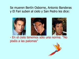 Se mueren Bertín Osborne, Antonio Banderas y El Fari suben al cielo y San Pedro les dice:  - En el cielo tenemos s ó lo un...