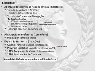 • Abertura dos portos às nações amigas [Inglaterra]
• Alvará para manufaturas (sem efeito)
• Expansão territorial (invasões)
 Tratado de Aliança e Amizade
 Tratado de Comércio e Navegação
 Tribunais especiais para ingleses
- Inglaterra defesa militar ao Brasil
Tarifas alfandegárias:
- 15% mercadorias inglesas
- 16% mercadorias portuguesas
- 24% demais países
 Inibida por comércio inglês
 Guiana Francesa (questão com Napoleão)
 Província Cisplatina (questão com Fernando VII)
 1815: Congresso de Viena
 1828: Independência Cisplatina
Retaliações
Devolvem Guiana
Consolida influência inglesa sobre a política da Coroa
Conflitos com
comerciantes portugueses
Economia:
 
