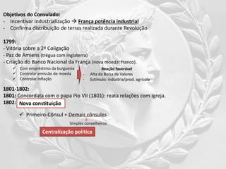  Primeiro-Cônsul + Demais cônsules
Objetivos do Consulado:
- Incentivar industrialização  França potência industrial
- Confirma distribuição de terras realizada durante Revolução
1799:
- Vitória sobre a 2ª Coligação
- Paz de Amiens (trégua com Inglaterra)
- Criação do Banco Nacional da França (nova moeda: franco).
1801-1802:
1801: Concordata com o papa Pio VII (1801): reata relações com Igreja.
1802:
 Com empréstimo da burguesia
 Controlar emissão de moeda
 Controlar inflação
Reação favorável
- Alta da Bolsa de Valores
- Estímulo: indústria/prod. agrícola
Simples conselheiros
Nova constituição
Centralização política
 