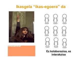 Ikasgela “ikas-egoera” da
Ez kolaborazioa, ez
interakzioa
du indibidualista
 