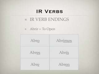 IR Verbs 
IR VERB ENDINGS 
Abrir = To Open 
Abro 
Abres 
Abre 
Abrimos 
Abrís 
Abren 
 