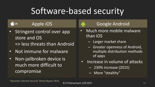 Software-based security
Apple iOS
• Stringent control over app
store and OS
=> less threats than Android
• Not immune for malware
• Non-jailbroken device is
much more difficult to
compromise
Google Android
• Much more mobile malware
than iOS
– Larger market share
– Greater openness of Android,
multiple distribution methods
of apps
• Increase in volume of attacks
– 230% increase (2015)
– More “stealthy”
*Symantic Internet Security Threat Report 2016
© E R Ranschaert, ECR 2017 15
 