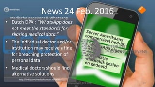 News 24 Feb. 2016
• Dutch DPA : “WhatsApp does
not meet the standards for
sharing medical data.”
• The individual doctor and/or
institution may receive a fine
for breaching protection of
personal data
• Medical doctors should find
alternative solutions
© E R Ranschaert, ECR 2017 19
http://linkis.com/medischcontact.nl/oRWkJ
 