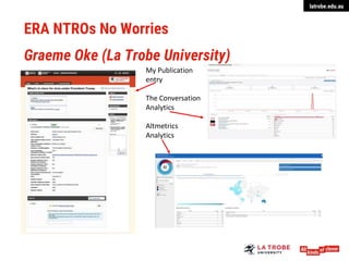 latrobe.edu.au
ERA NTROs No Worries
Graeme Oke (La Trobe University)
My Publication
entry
The Conversation
Analytics
Altmetrics
Analytics
 