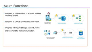 Azure Functions
• Respond to Events from IOT Hub and Process
Incoming Events.
• Respond to GitHub Events using Web Hook.
• Integrate with Azure Storage Account , Twilio
and SendGrid for mail communication.
 