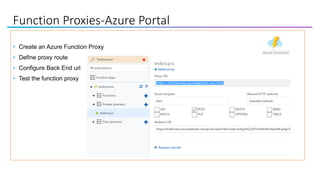 Function Proxies-Azure Portal
• Create an Azure Function Proxy
• Define proxy route
• Configure Back End url
• Test the function proxy
 