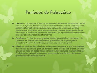 Períodos do Paleozóico




Carbónico – O clima torna-se quente e húmido, permitindo o crescimento de
florestas. As plantas libertam grandes quantidades de oxigénio para a
atmosfera. A partir dos anfíbios, evoluíram os primeiros repteis.



6

Devónico – Os peixes e os insetos tornam-se os seres mais abundantes. Um dos
peixes , o Dipterus desenvolve pulmões rudimentares e inicia a colonização dos
ambientes terrestres. Este peixe esteve na base da origem dos anfíbios.
Supõe-se que o Dipterus teria sido capaz de se deslocar pequenas distâncias
entre lagos e charcos de água pouco profundos. Foi o período onde começaram a
aparecer os primeiros animais terrestres.

Pérmico – No final deste Período, o clima torna-se quente e seco, o vulcanismo
mais intenso e pensa-se quem um meteorito terá colidido com a terra. Ocorreu
a maior extinção em massa de que há registo. Muitos grupos de organismos da
Era Paleozóica extinguiram-se como, por exemplo, as trilobites. Houve uma
grande diversificação dos repteis.

 