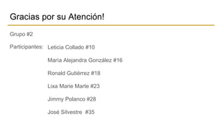 Gracias por su Atención!
Grupo #2
Participantes: Leticia Collado #10
María Alejandra González #16
Ronald Gutiérrez #18
Lixa Marie Marte #23
Jimmy Polanco #28
José Silvestre #35
 