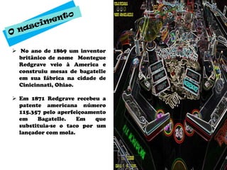  No ano de 1869 um inventor
  britânico de nome Montegue
  Redgrave veio à America e
  construiu mesas de bagatelle
  em sua fábrica na cidade de
  Cinicinnati, Ohiao.

 Em 1871 Redgrave recebeu a
  patente americana número
  115.357 pelo aperfeiçoamento
  em    Bagatelle.   Em    que
  substituia-se o taco por um
  lançador com mola.
 