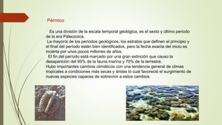 Pérmico
Es una división de la escala temporal geológica, es el sexto y último periodo
de la era Paleozoica.
La mayoría de los períodos geológicos, los estratos que definen el principio y
el final del período están bien identificados, pero la fecha exacta del inicio es
incierta por unos pocos millones de años.
El fin del período está marcado por una gran extinción que causo la
desaparición del 95% de la fauna marina y 70% de la terrestre.
Hubo importantes cambios climáticos con una tendencia general de climas
tropicales a condiciones más secas y áridas lo cual favoreció el surgimiento de
nuevas especies capaces de sobrevivir a estos cambios.
 