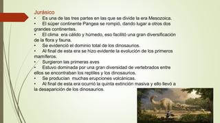 Jurásico
• Es una de las tres partes en las que se divide la era Mesozoica.
• El súper continente Pangea se rompió, dando lugar a otros dos
grandes continentes.
• El clima era cálido y húmedo, eso facilitó una gran diversificación
de la flora y fauna.
• Se evidenció el dominio total de los dinosaurios.
• Al final de esta era se hizo evidente la evolución de los primeros
mamíferos.
• Surgieron las primeras aves
• Estuvo dominada por una gran diversidad de vertebrados entre
ellos se encontraban los reptiles y los dinosaurios.
• Se producían muchas erupciones volcánicas.
• Al final de esta era ocurrió la quinta extinción masiva y ello llevó a
la desaparición de los dinosaurios.
 