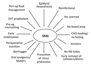 ERAS
Epidural
Anaesthesia
Prevention
of ileus/
prokinetics
CHO-loading/
no fasting
Early
mobilisation
Peri-op fluid
management
DVT prophylaxis
Pre-op
councelling
Remifentanyl
No premed
No bowel prep
Perioperative
nutrition
Bairhugger
Oral analgesics/
NSAID’s
Incisions
No NG tubes
Early removal of
catheters/drains
 