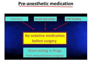 Pre-anesthetic medication
Education
Short-acting iv drugs
Prior epidural/spinal analgesia
No sedative medication
before surgery
Avoid starvation CHO loading
U.O. Gustafsson et al. Clin Nutr 2012; 31: 783-800
 