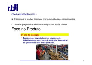 17
ERA DA INSPEÇÃO (1920 )
Inspecionar o produto depois de pronto em relação as especificações
Impedir que produtos defeituosos chegassem até os clientes
Foco no Produto
 