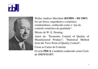 20
Walter Andrew Shewhart (03/1891 – 03/ 1967)
foi um físico, engenheiro e estatístico
estadunidense, conhecido como o "pai do
controle estatístico da qualidade".
Mestre de W. E. Deming.
Autor de: "Economic Control of Quality of
Manufactured Product"; "Statistical Method
from the View Point of Quality Control".
Criou as Cartas de Controle.
O ciclo PDCA é também conhecido como Ciclo
de SHEWHART.
 