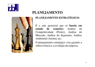 29
PLANEJAMENTOPLANEJAMENTO
PLANEJAMENTO ESTRATÉGICO:
É a arte gerencial que se baseia em
estudo de cenários: Análise da
Competitividade (Porter), Análise do
Mercado, Análise do Segmento, Análise
Ambiental (Austin), etc.
O planejamento estratégico visa garantir a
sobrevivência e a evolução da empresa.
 
