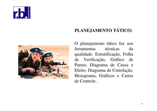 33
PLANEJAMENTO TÁTICO:
O planejamento tático faz uso
ferramentas técnicas da
qualidade: Estratificação, Folha
de Verificação, Gráfico de
Pareto, Diagrama de Causa e
Efeito, Diagrama de Correlação,
Histograma, Gráficos e Cartas
de Controle .
 