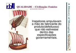 4
QUALIDADE - Civilização: Fenícios
QUALIDADE COMO LEI
Inspetores amputavam
a mão do fabricante do
produto(defeituoso)
que não estivesse
dentro das
especificações
governamentais.
 