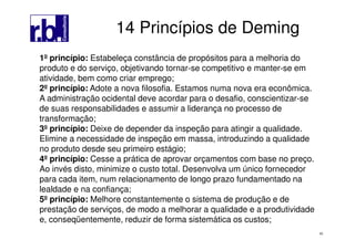 62
14 Princípios de Deming
1º princípio: Estabeleça constância de propósitos para a melhoria do
produto e do serviço, objetivando tornar-se competitivo e manter-se em
atividade, bem como criar emprego;
2º princípio: Adote a nova filosofia. Estamos numa nova era econômica.
A administração ocidental deve acordar para o desafio, conscientizar-se
de suas responsabilidades e assumir a liderança no processo de
transformação;
3º princípio: Deixe de depender da inspeção para atingir a qualidade.
Elimine a necessidade de inspeção em massa, introduzindo a qualidade
no produto desde seu primeiro estágio;
4º princípio: Cesse a prática de aprovar orçamentos com base no preço.
Ao invés disto, minimize o custo total. Desenvolva um único fornecedor
para cada item, num relacionamento de longo prazo fundamentado na
lealdade e na confiança;
5º princípio: Melhore constantemente o sistema de produção e de
prestação de serviços, de modo a melhorar a qualidade e a produtividade
e, conseqüentemente, reduzir de forma sistemática os custos;
 