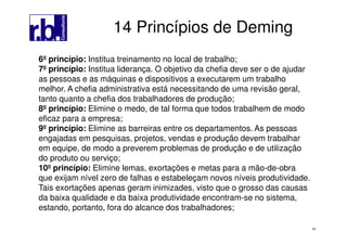 63
6º princípio: Institua treinamento no local de trabalho;
7º princípio: Institua liderança. O objetivo da chefia deve ser o de ajudar
as pessoas e as máquinas e dispositivos a executarem um trabalho
melhor. A chefia administrativa está necessitando de uma revisão geral,
tanto quanto a chefia dos trabalhadores de produção;
8º princípio: Elimine o medo, de tal forma que todos trabalhem de modo
eficaz para a empresa;
9º princípio: Elimine as barreiras entre os departamentos. As pessoas
engajadas em pesquisas, projetos, vendas e produção devem trabalhar
em equipe, de modo a preverem problemas de produção e de utilização
do produto ou serviço;
10º princípio: Elimine lemas, exortações e metas para a mão-de-obra
que exijam nível zero de falhas e estabeleçam novos níveis produtividade.
Tais exortações apenas geram inimizades, visto que o grosso das causas
da baixa qualidade e da baixa produtividade encontram-se no sistema,
estando, portanto, fora do alcance dos trabalhadores;
14 Princípios de Deming
 