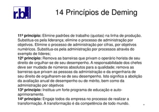 64
11º princípio: Elimine padrões de trabalho (quotas) na linha de produção.
Substitua-os pela liderança; elimine o processo de administração por
objetivos. Elimine o processo de administração por cifras, por objetivos
numéricos. Substitua-os pela administração por processos através do
exemplo de líderes;
12º princípio: Remova as barreiras que privam o operário horista de seu
direito de orgulhar-se de seu desempenho. A responsabilidade dos chefes
deve ser mudada de números absolutos para a qualidade; remova as
barreiras que privam as pessoas da administração e da engenharia de
seu direito de orgulharem-se de seu desempenho. Isto significa a abolição
da avaliação anual de desempenho ou de mérito, bem como da
administração por objetivos
13º princípio: Institua um forte programa de educação e auto-
aprimoramento.
14º princípio: Engaje todos da empresa no processo de realizar a
transformação. A transformação é da competência de todo mundo.
14 Princípios de Deming
 