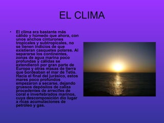EL CLIMA El clima era bastante más cálido y húmedo que ahora, con unos anchos cinturones tropicales y subtropicales, no se tienen indicios de que existieran casquetes polares. Al separarse los continentes, zonas de agua marina poco profundas y cálidas se extendieron por gran parte de Europa y otras masas de tierra que bordeaban el mar de Tetis. Hacia el final del jurásico, estos mares poco profundos empezaron a secarse, dejando gruesos depósitos de caliza procedentes de arrecifes de coral e invertebrados marinos, cuya descomposición dio lugar a ricas acumulaciones de petróleo y gas. 
