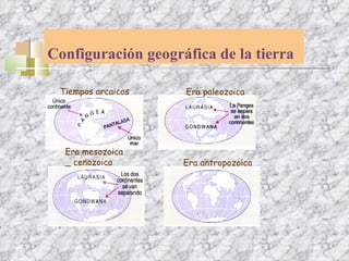 Configuración geográfica de la tierra Tiempos arcaicos Era paleozoica Era mesozoica _ cenozoica Era antropozoica  